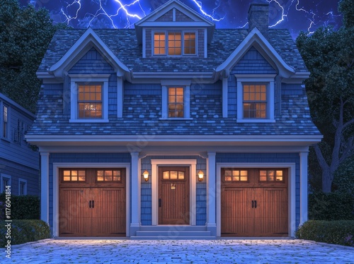 A powerful lightning strike overshadows a suburban house in the night photo