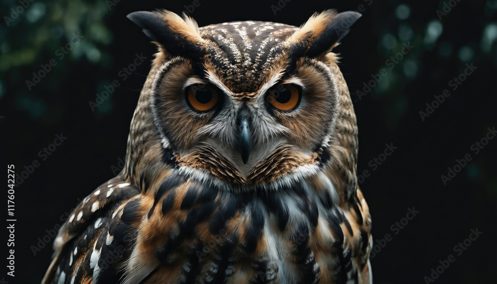 Fototapeta premium Majestic owl perched quietly in the forest, showcasing intricate feather patterns and intense gaze