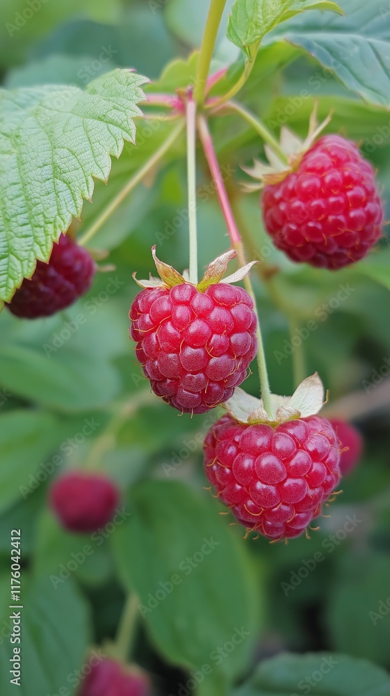 Ripe red raspberries hanging on a green leafy bush, showcasing natural freshness and vibrant summer growth Ripe red raspberries hanging on a green leafy bush, showcasing natural freshness and vibrant summer growth