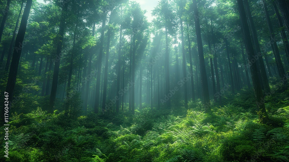 Obraz premium A serene forest scene with sunlight filtering through tall trees, creating a tranquil atmosphere.