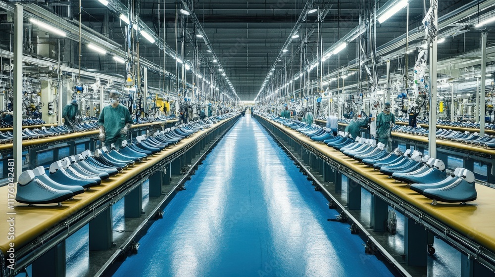 Fototapeta premium Industrial Shoe Manufacturing Process in a Modern Factory with Efficient Assembly Lines and Workers Collaboratively Creating Footwear