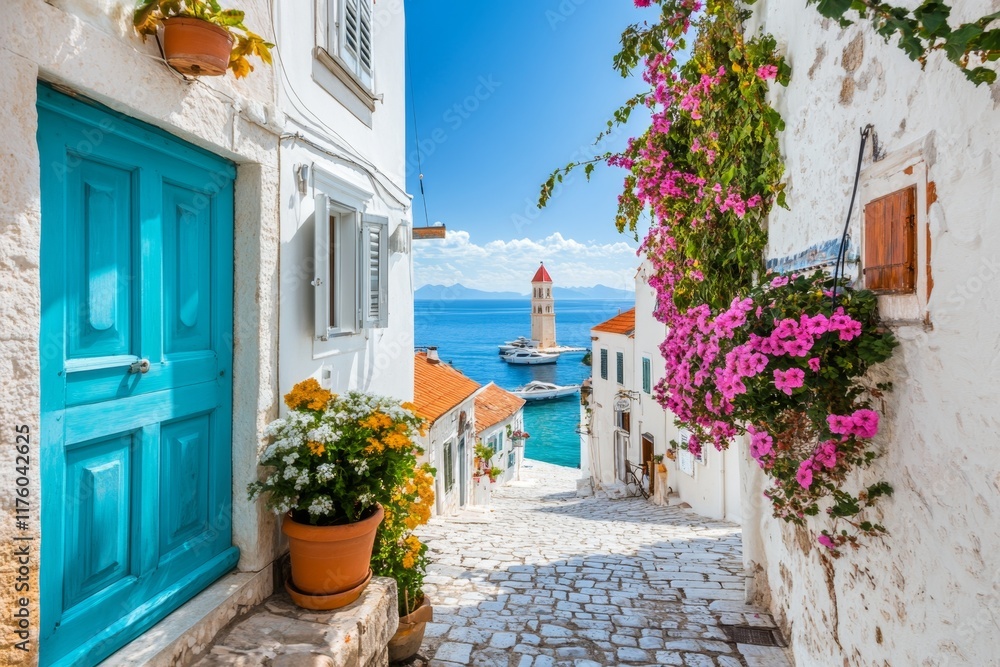 Fototapeta premium A scenic coastal town in Kvarner, with terracotta rooftops, cobblestone streets, and the Adriatic Sea in the background
