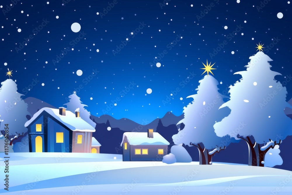 Naklejka premium Winter Christmas Night Scene with Snowy Houses, Christmas Tree, and Starry Sky - New Year Greeting Postcard Design