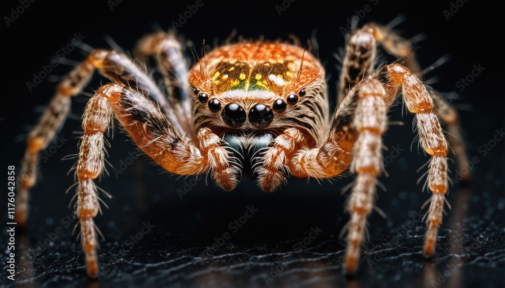 Close-up view of a colorful spider with intricate patterns on its back in a dark setting highlighting its features Close-up view of a colorful spider with intricate patterns on its back in a dark setting highlighting its features