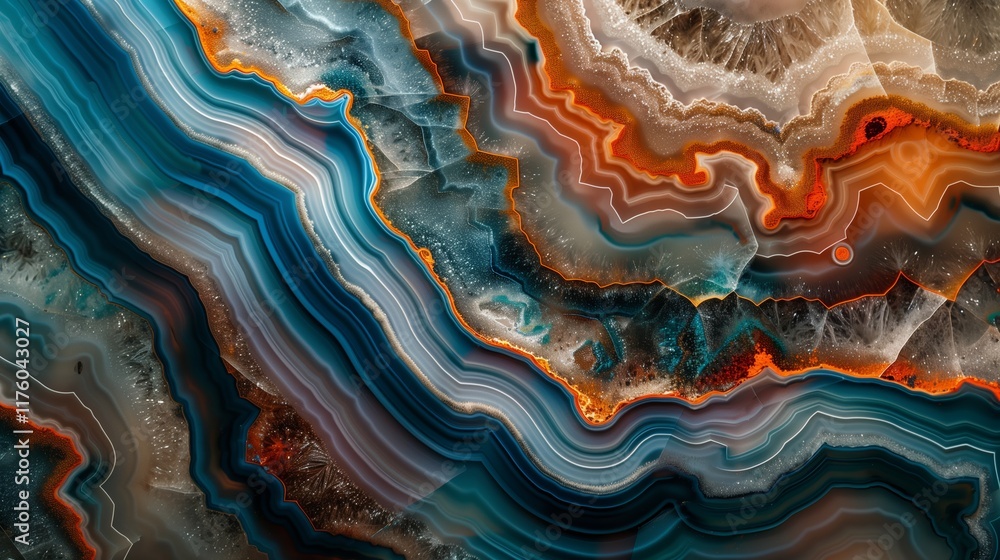 A vibrant close-up of colorful agate layers showcasing intricate patterns in shades of blue, orange, and brown, creating a stunning abstract geological design A vibrant close-up of colorful agate layers showcasing intricate patterns in shades of blue, orange, and brown, creating a stunning abstract geological design