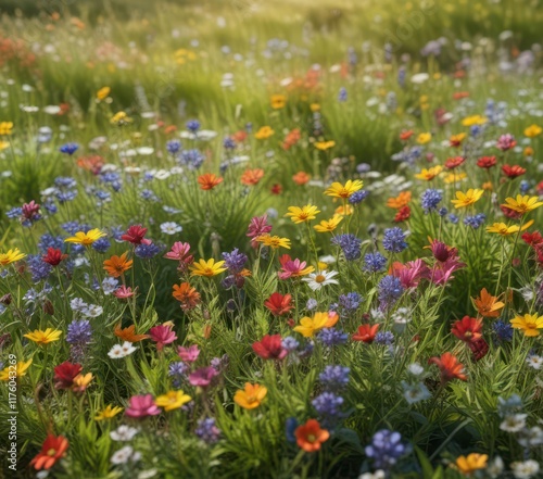 Vibrant colors of wildflowers in a sunny meadow,  field,  blooms photo