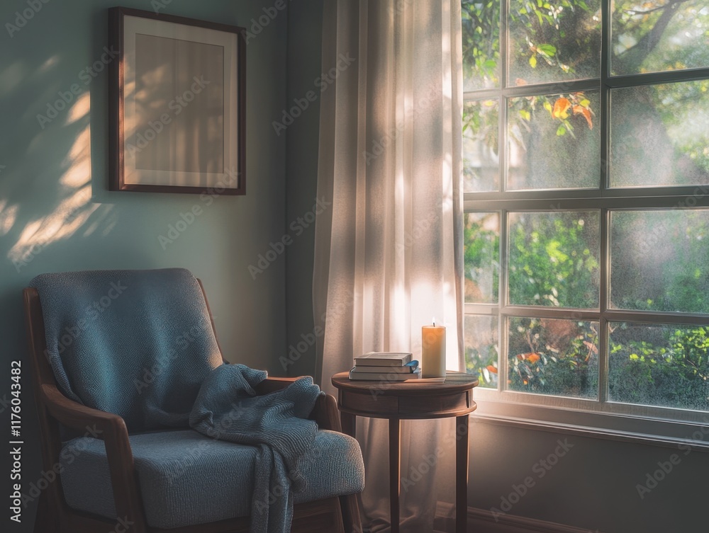 Fototapeta premium A chair with a blanket on it and a table with a candle and books