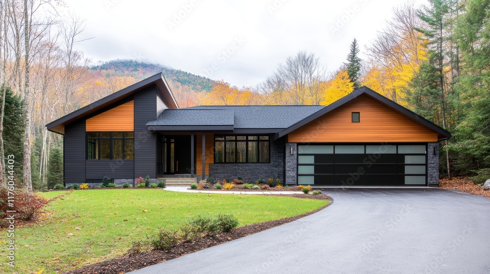 Modern house with a sleek design surrounded by autumn foliage. Modern house with a sleek design surrounded by autumn foliage.