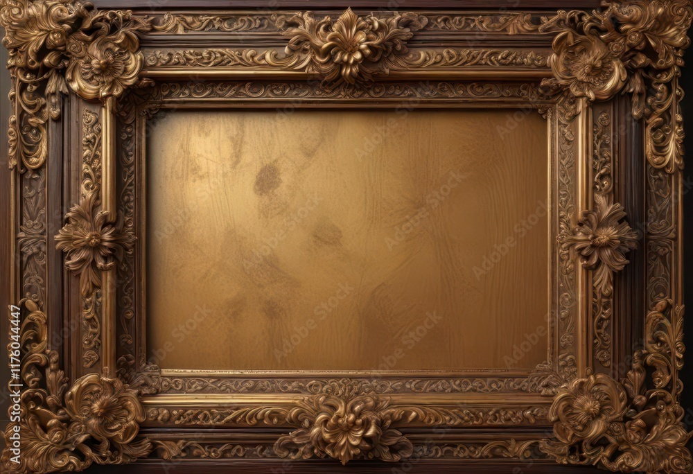 Obraz premium Intricate wooden frame with golden accents and ornate carvings surrounding a delicate scroll, ornate frames, carvings