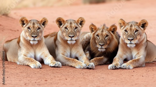Four lions resting together on a sandy landscape.