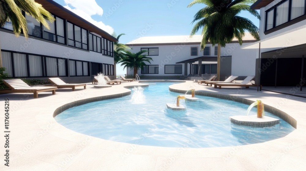 Fototapeta premium A serene pool area surrounded by modern architecture and palm trees.