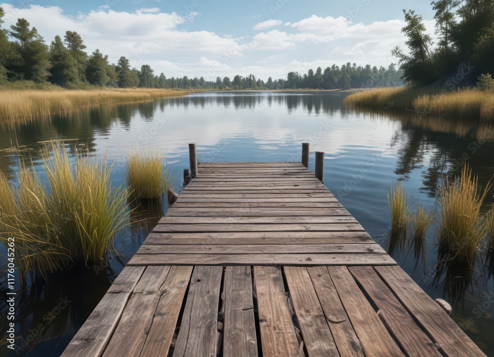 Abandoned wooden dock on a lake, weathered planks and reeds, weathered, water Abandoned wooden dock on a lake, weathered planks and reeds, weathered, water