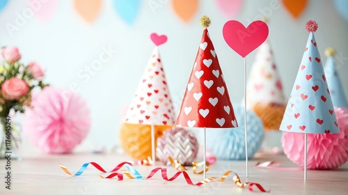 Colorful party hats and decorations for a festive celebration.