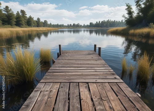 Wallpaper Mural Abandoned wooden dock on a lake, weathered planks and reeds,  weathered,  water Torontodigital.ca