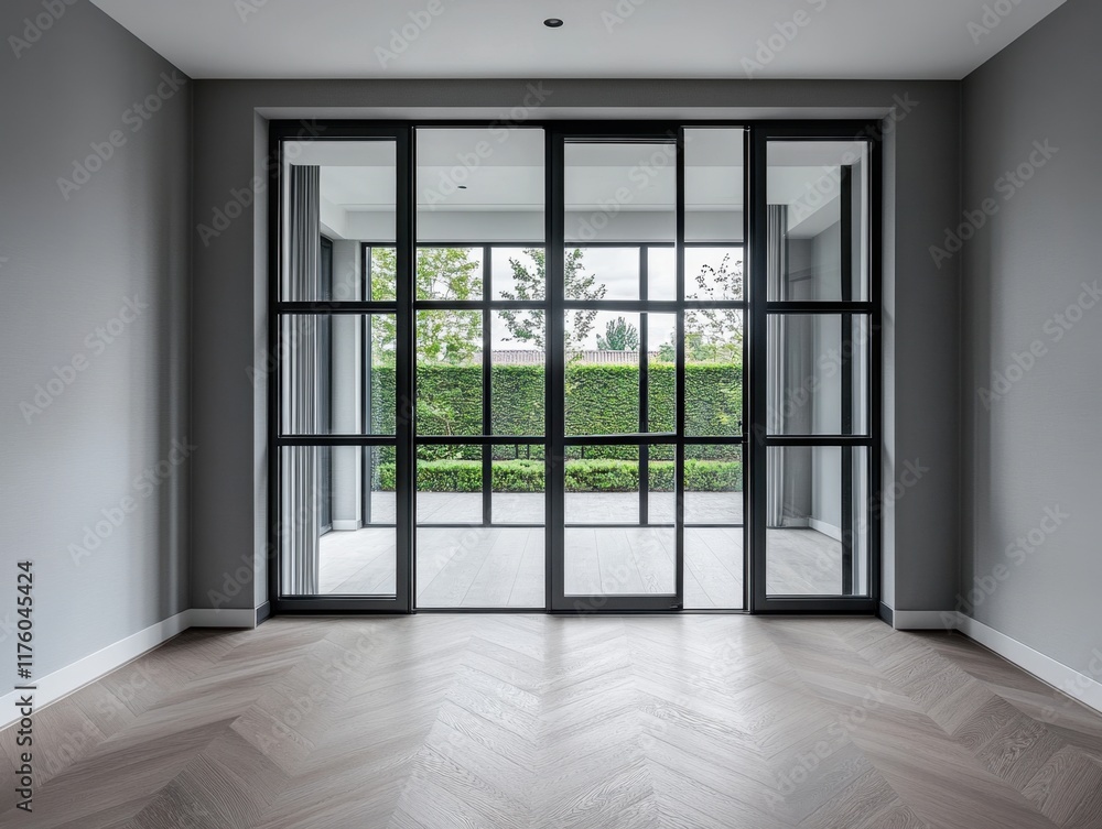 A large room with a black door and a window A large room with a black door and a window