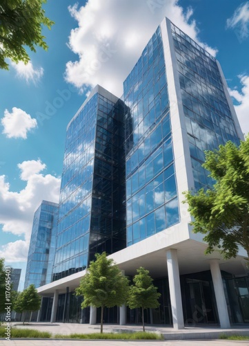 Modern office building under bright blue sky with fluffy white clouds and green trees in the background ,  cloud,  architecture