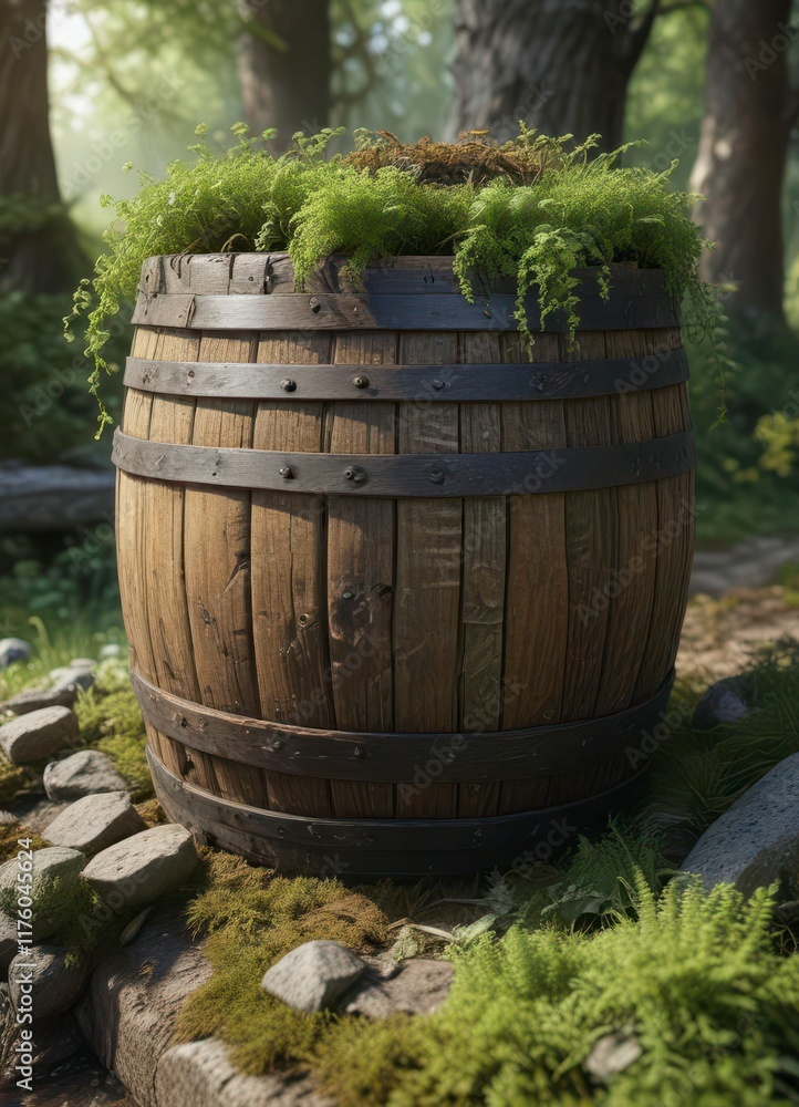 Old wooden barrel with vines and moss growing on it, rural, vines Old wooden barrel with vines and moss growing on it, rural, vines