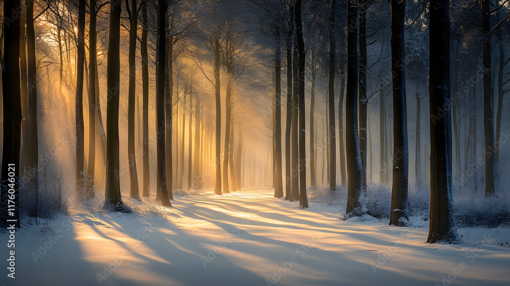 Ethereal Dawn: Sunlight Illuminating a Snow-Covered Forest's Serene Beauty Ethereal Dawn: Sunlight Illuminating a Snow-Covered Forest's Serene Beauty