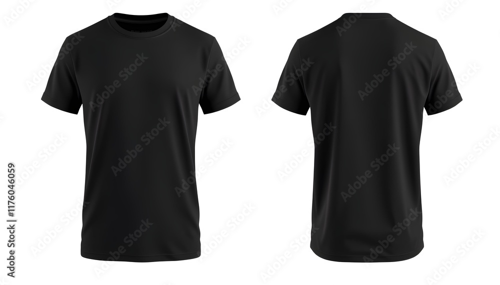 Black t-shirt, front and back view, plain design, simple garment, studio lighting, white background, realistic rendering, product photography, minimalist fashion Black t-shirt, front and back view, plain design, simple garment, studio lighting, white background, realistic rendering, product photography, minimalist fashion