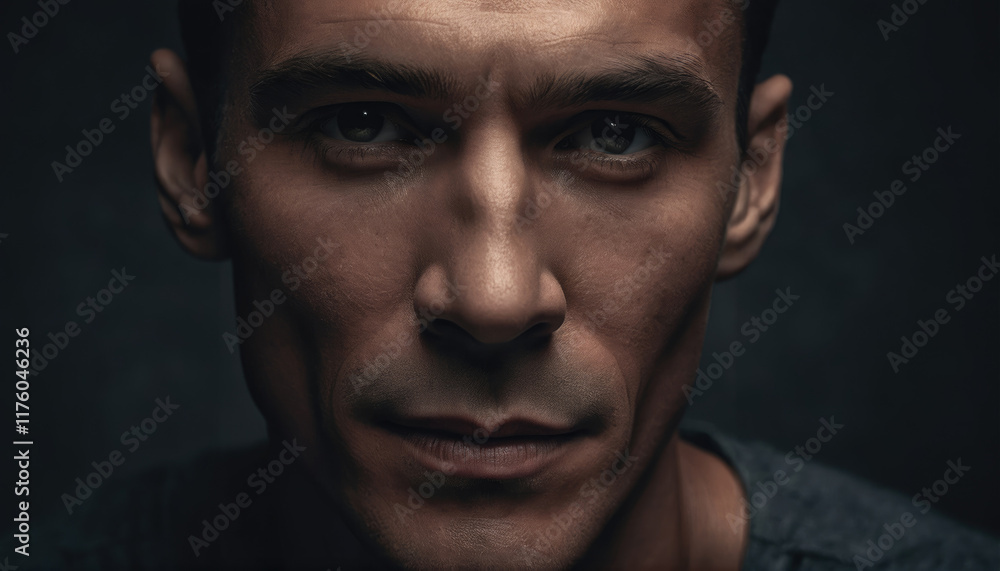Intense male portrait showcasing deep expression and strong features captured in low light Intense male portrait showcasing deep expression and strong features captured in low light