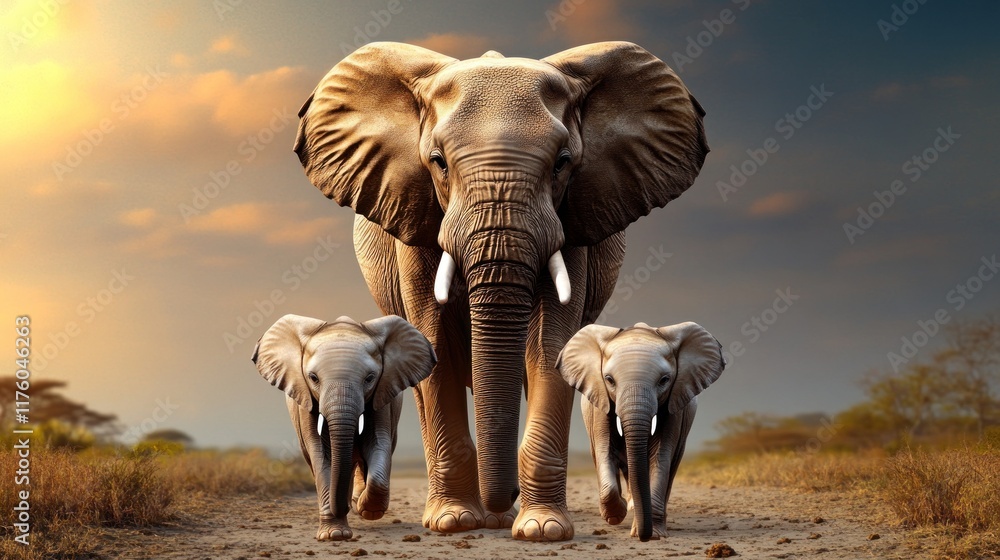 Fototapeta premium A majestic elephant with two calves walking on a dirt path.