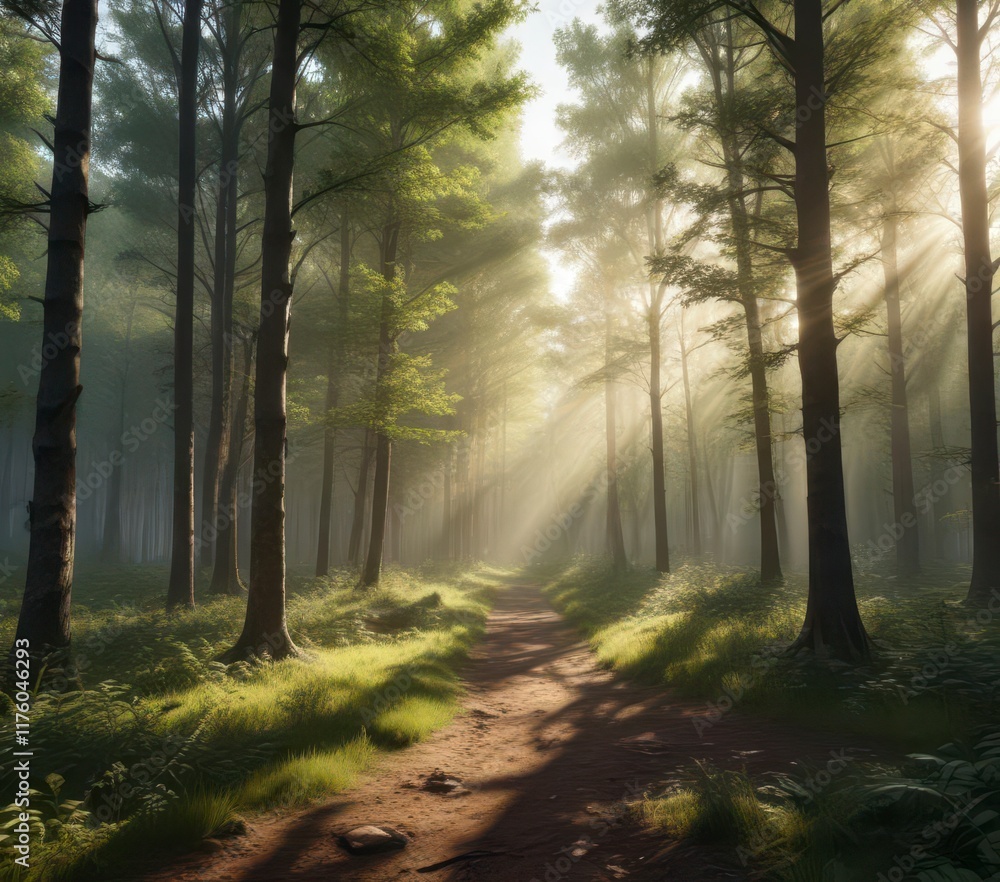 Fototapeta premium Panorama of a forest clearing with sunlight breaking through trees , light, nature