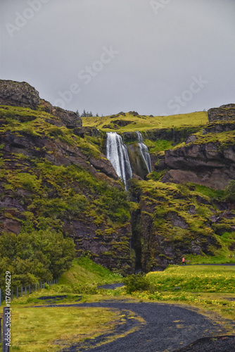 Seljalandsfoss waterfall summer 2024 at sunset including Gljúfrabúi falls off Ring Road Iceland, Scandinavia, Europe.