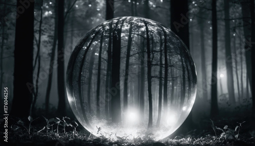 Ethereal forest scene with a crystal orb reflecting trees under soft light at night photo