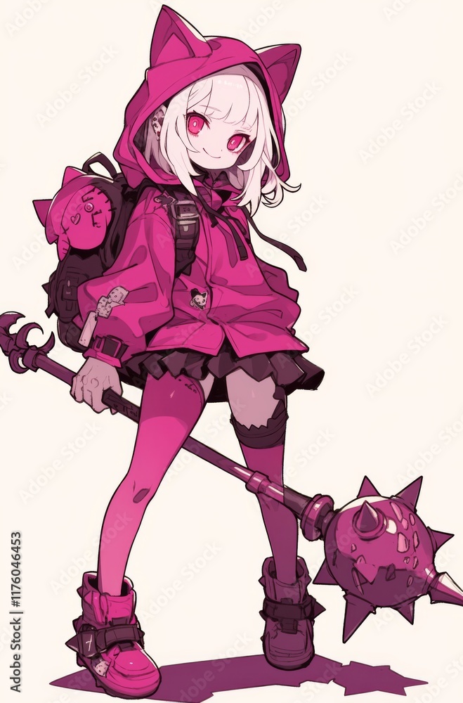 Kawaii Gothic Character in Dark Pink Hooded Outfit with Mace Weapon, Red Eyes, and Smiling Expression, Full-Body Shot. Kawaii Gothic Character in Dark Pink Hooded Outfit with Mace Weapon, Red Eyes, and Smiling Expression, Full-Body Shot.