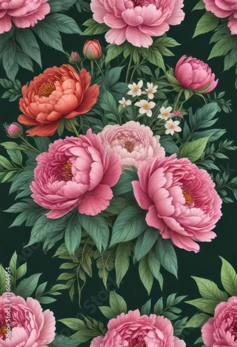 Peony flower bouquet hand drawn illustration with various colored flowers and green leaves,  garden illustration,  botanical