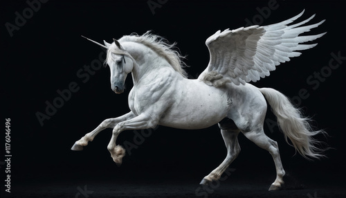 Majestic winged unicorn galloping with grace on a dark background