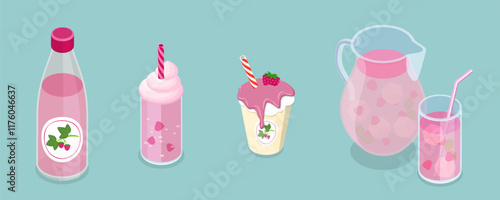 3D Isometric Flat Vector Set of Refreshing Drinks, Strawberry Drinks In An Elegant Arrangement For Enjoying Alone Or With Friends