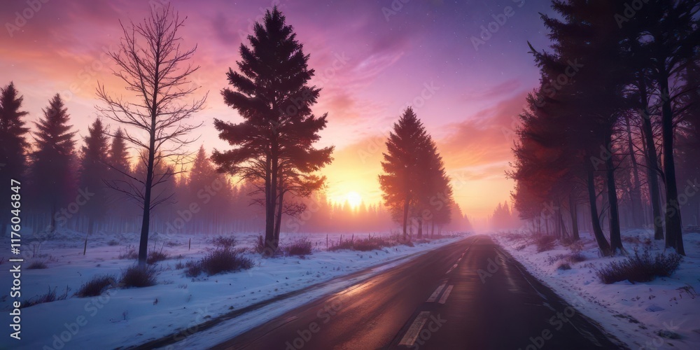 Road leading into a colorful sunrise amidst snowy trees under starry night sky,  scenic road,  winter wonderland
