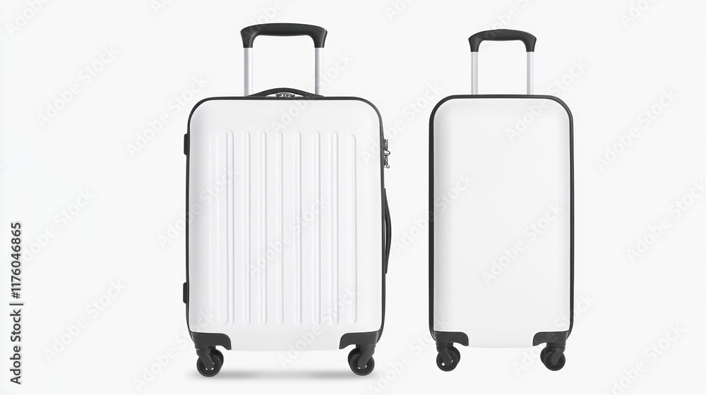 Two white suitcases with wheels and retractable handles.