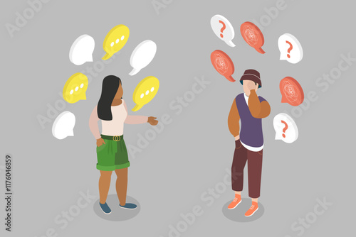 3D Isometric Flat Vector Illustration of Chatty Girlfriend, Talking to Much