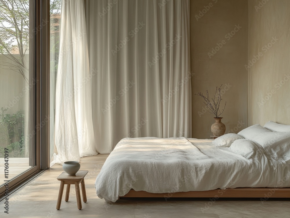 A white bed with a vase on the nightstand A white bed with a vase on the nightstand