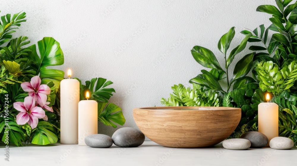 Fototapeta premium A serene spa setting with candles, stones, and tropical plants.