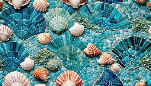 Colorful mosaic of seashells and turquoise tiles creates a stunning ocean-inspired design
