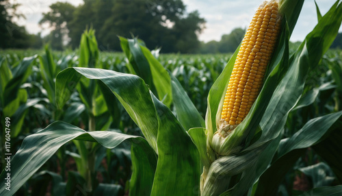 Golden corn ear growing among green stalks in a sunny field during the summer afternoon