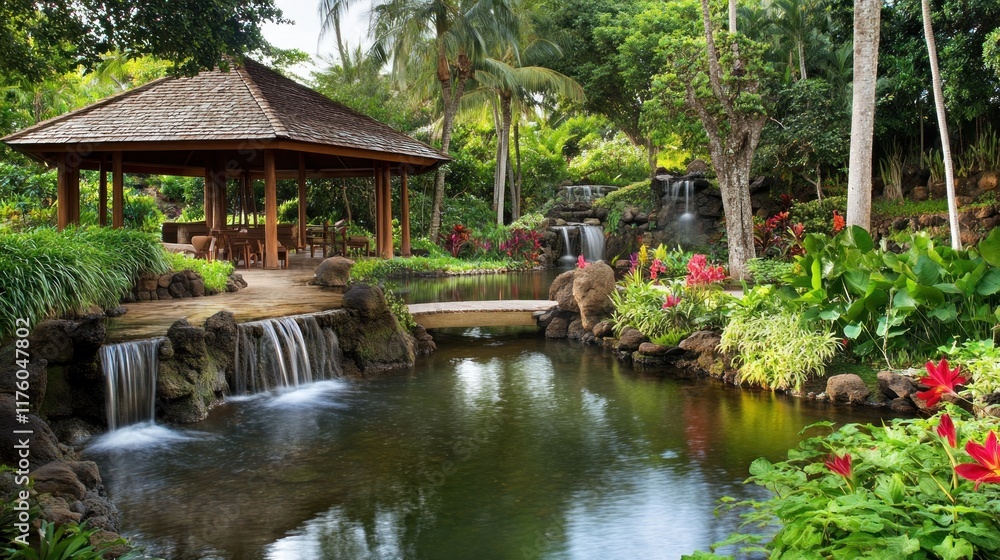 Tranquil tropical garden with gazebo, waterfalls, pond, bridge, lush foliage, and vibrant flowers. Tranquil tropical garden with gazebo, waterfalls, pond, bridge, lush foliage, and vibrant flowers.