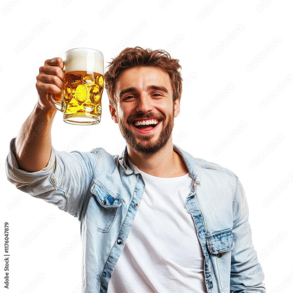 Joyful man celebrating with a beer mug raised in a toast against a light background, Joyful Man Raising a Beer Mug: Celebration Toast Isolated on transparent background Joyful man celebrating with a beer mug raised in a toast against a light background, Joyful Man Raising a Beer Mug: Celebration Toast Isolated on transparent background