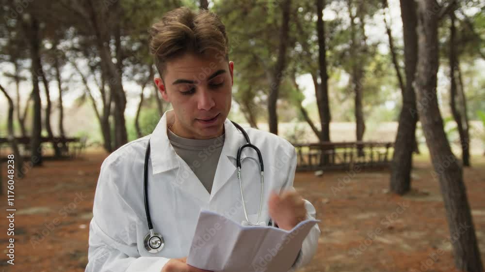 Doctor Reads Patients Diagnosis In Park With Trees Outside Hospital Doctor Reads Patients Diagnosis In Park With Trees Outside Hospital