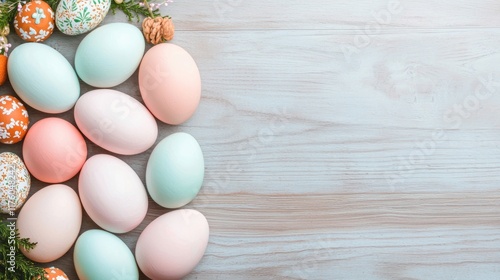 Colorful Easter eggs arranged on a wooden surface for decoration.