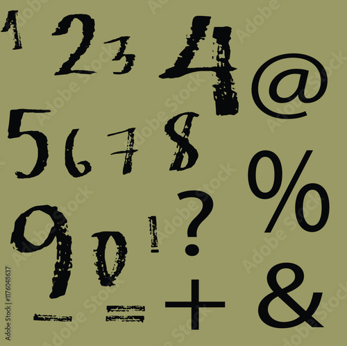 Set of grunge numbers. Vector distressed numbers. dirty textured numbers, set numbers style, Hand drawn grunge numbers. grunge number font, numbers and punctuation marks, numbers and punctuation