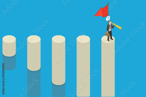 3D Isometric Flat Vector Illustration of New Achiverment, Success Business Person Seeking Next Challenge