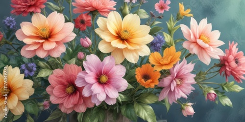 Vibrant flowers in a vintage watercolor style with subtle texture, flowers, art