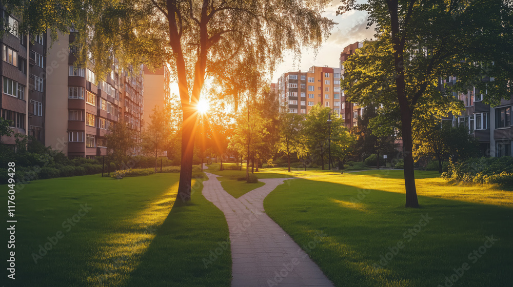 Obraz premium Scenic City Park at Sunset with Open Lawns, Mature Trees Casting Shadows, and Sunlight Filtering Through Foliage, Framed by Modern Apartment Buildings
