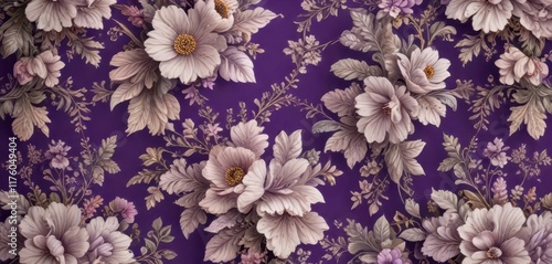 Vintage-inspired floral pattern with intricate details on a purple background, flowers, purple background
