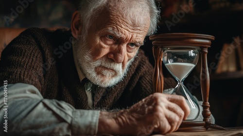 Sad old man looking at hourglass with last grains of sand falling down. Time and life passing concept photo