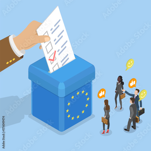 3D Isometric Flat Vector Illustration of EU Voting, Participating In Elections In The European Union